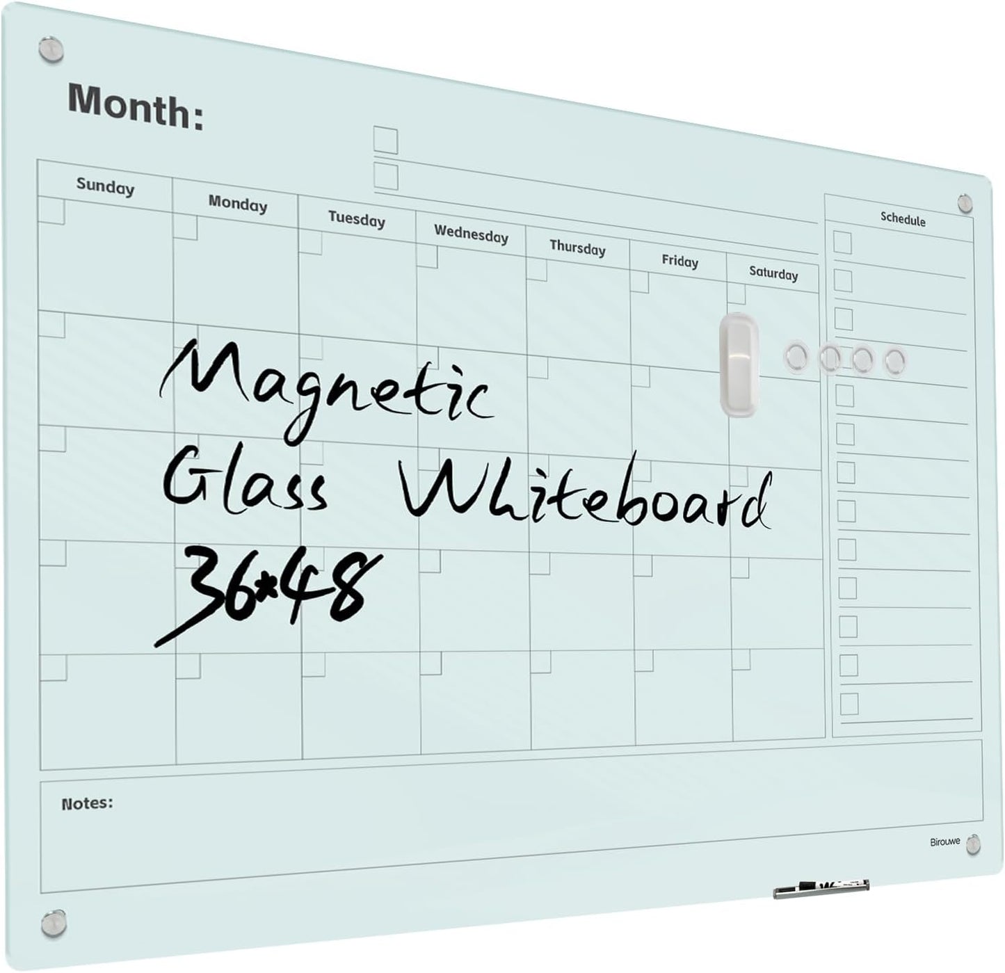 Magnetic Glass Whiteboard - Glass Monthly Calendar Dry Erase Board 48"x36" Large Frameless Glass Board for Walls Office School and Home