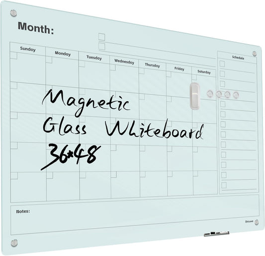 Magnetic Glass Whiteboard - Glass Monthly Calendar Dry Erase Board 48"x36" Large Frameless Glass Board for Walls Office School and Home