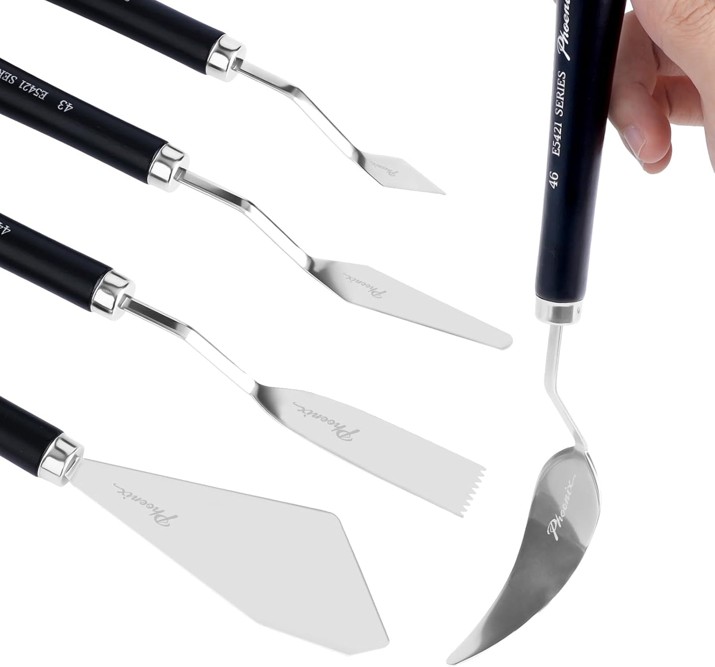 PHOENIX High Flexible Palette Knife Set, 5 Pieces Stainless Steel Painting Knives (31,43,44,46,51) Art Knife with Wood Handle, Paint Spatula for Oil Acrylic Paint - Painting Tools for Artists