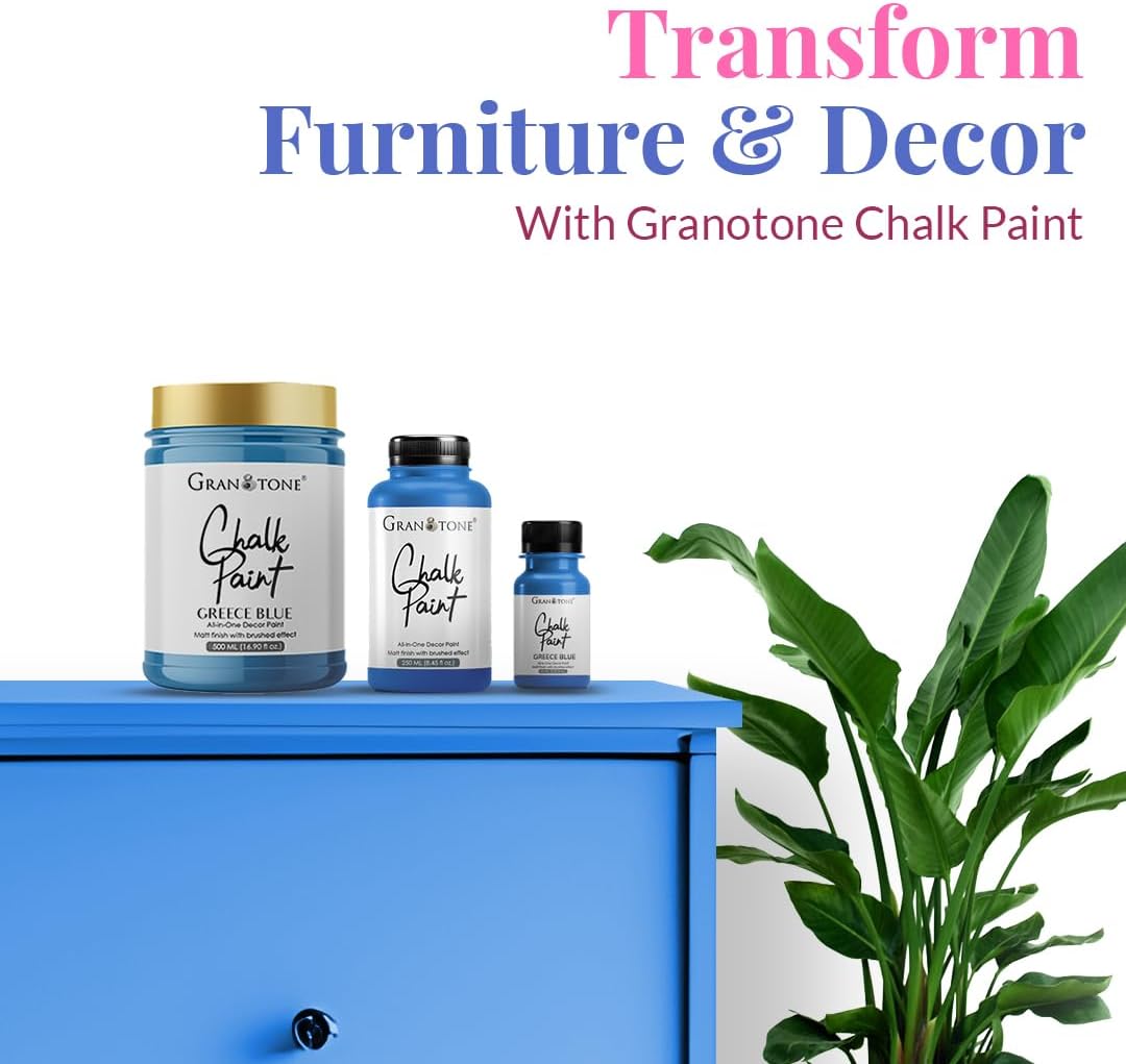 GRANOTONE Chalk Paint for Furniture, Matt-Finish Water-Based Acrylic Paint for Wood, Walls, Metal, Glass, Paper, Fabric Canvas, Maximum Coverage Chalk Paint for Kids & Adults, 500 Ml (GREECE BLUE)