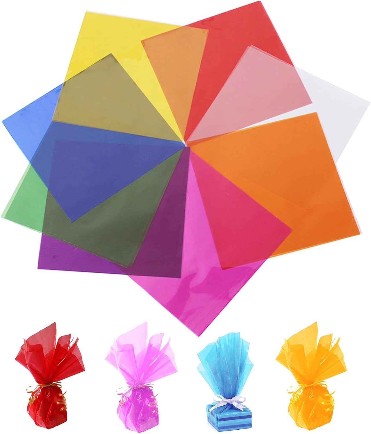 200 Pcs Colored Cellophane Sheets, Cellophane Wrap Paper Color Cello Sheets for Crafts(7.5x7.5 Inches)