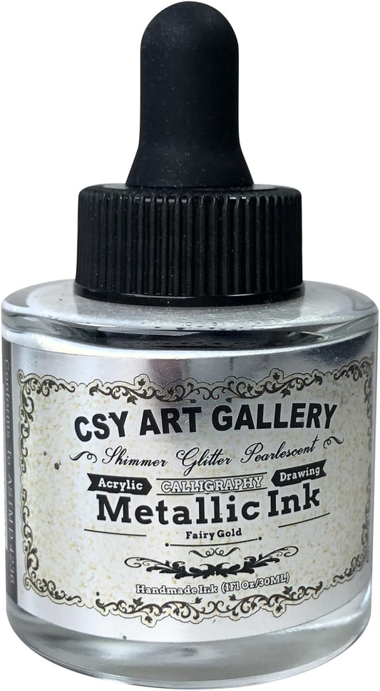 CSY Art Gallery Metallic Acrylic Paint Set-1-oz (30 ml) -Liquid Inks-Golden Permanent Calligraphy Ink for Artists,Canvas, Rocks,Wood, Fabric,Ceramic(Fairy Gold)