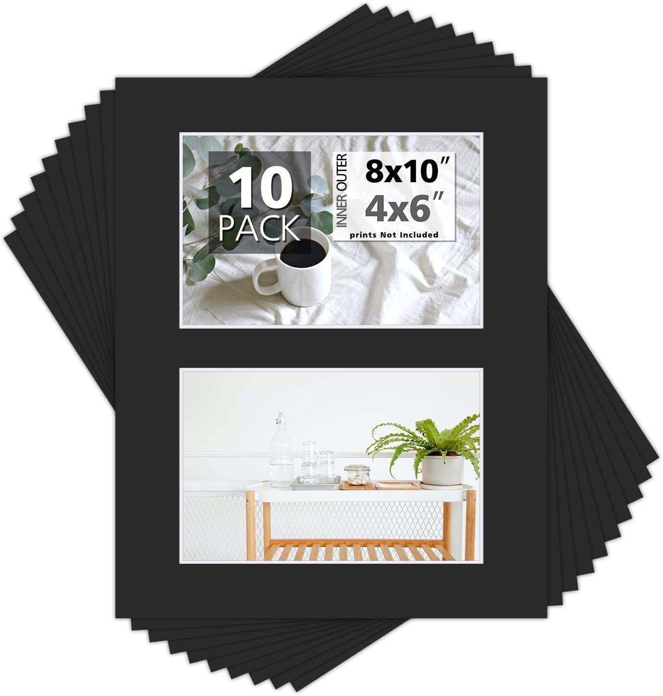 Mat Board Center, Pack of 10, Photo Picture Mats - Acid Free, 4-ply Thickness, White Core - for Pictures, Photos, Framing (8x10 for 2-4x6 Black)