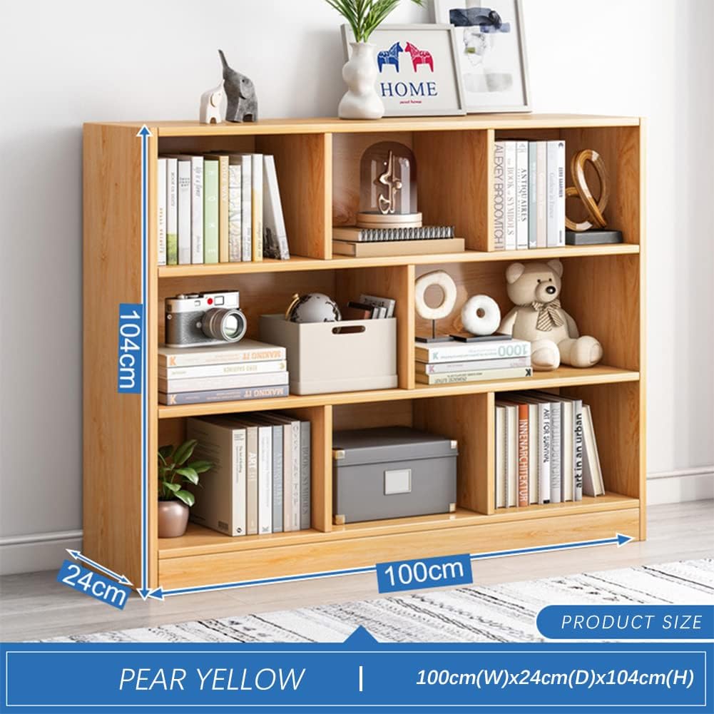 IOTXY Open Shelf Low Bookcase - Wooden 3-Tier Floor Standing Display Cabinet Organizer with Base, 8 Cubes Short Horizontal Bookshelf in Pear Yellow