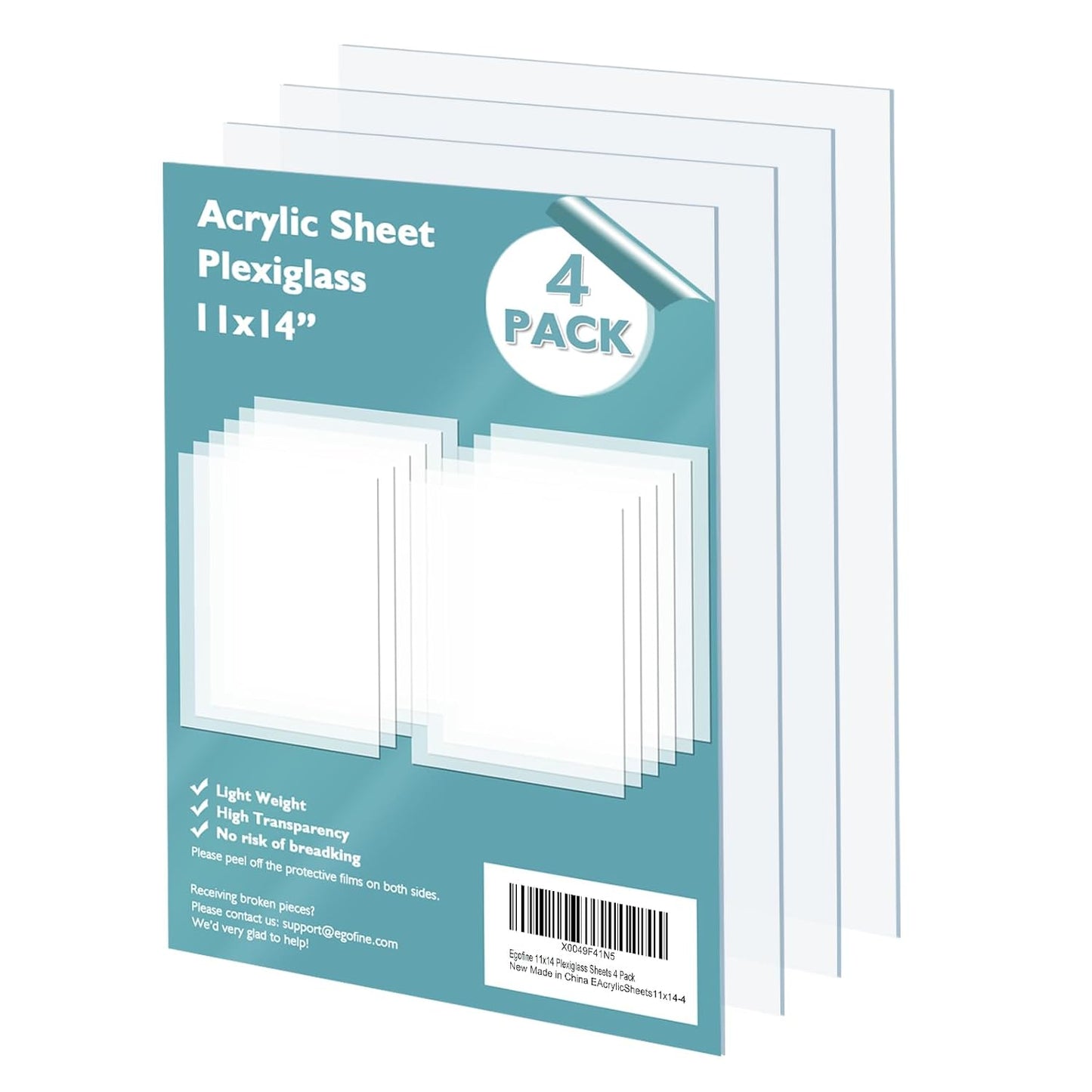 Egofine Plexiglass Sheets Acrylic Sheets 4 Pack of 11x14’’ 0.04 Thick Clear Plastic Cast Transparent Plexi Glass for Crafting Projects, Replacement Picture Frame Glass, DIY Display, Easy to Cut