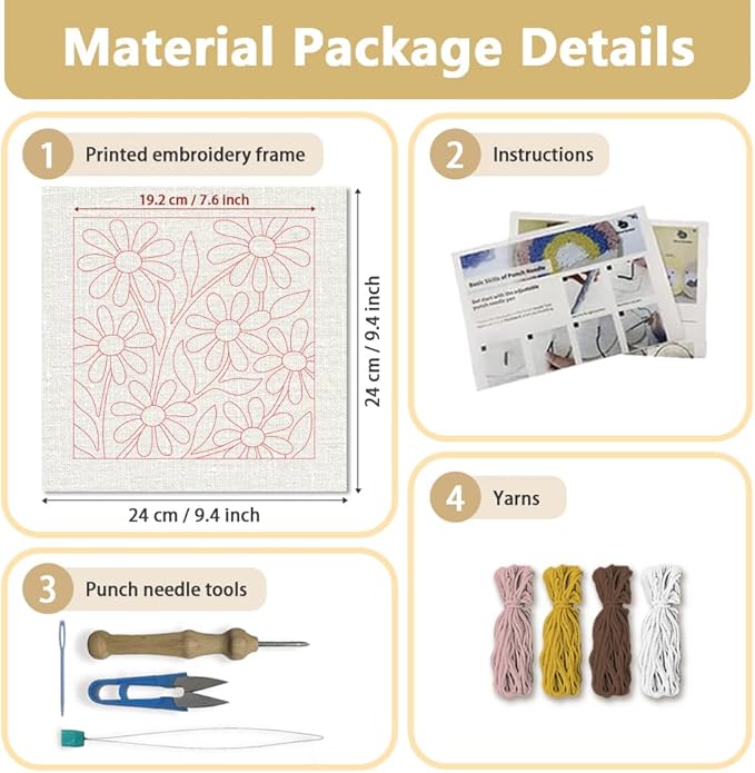 Doodlream Daisy Flowers DIY Punch Needle Embroidery Kit for Adult Beginner, 9.4" Floral Punch Stitching Craft Set for Starter with Frame, Fabric Pattern, Threader, Yarn, Pinch Needle