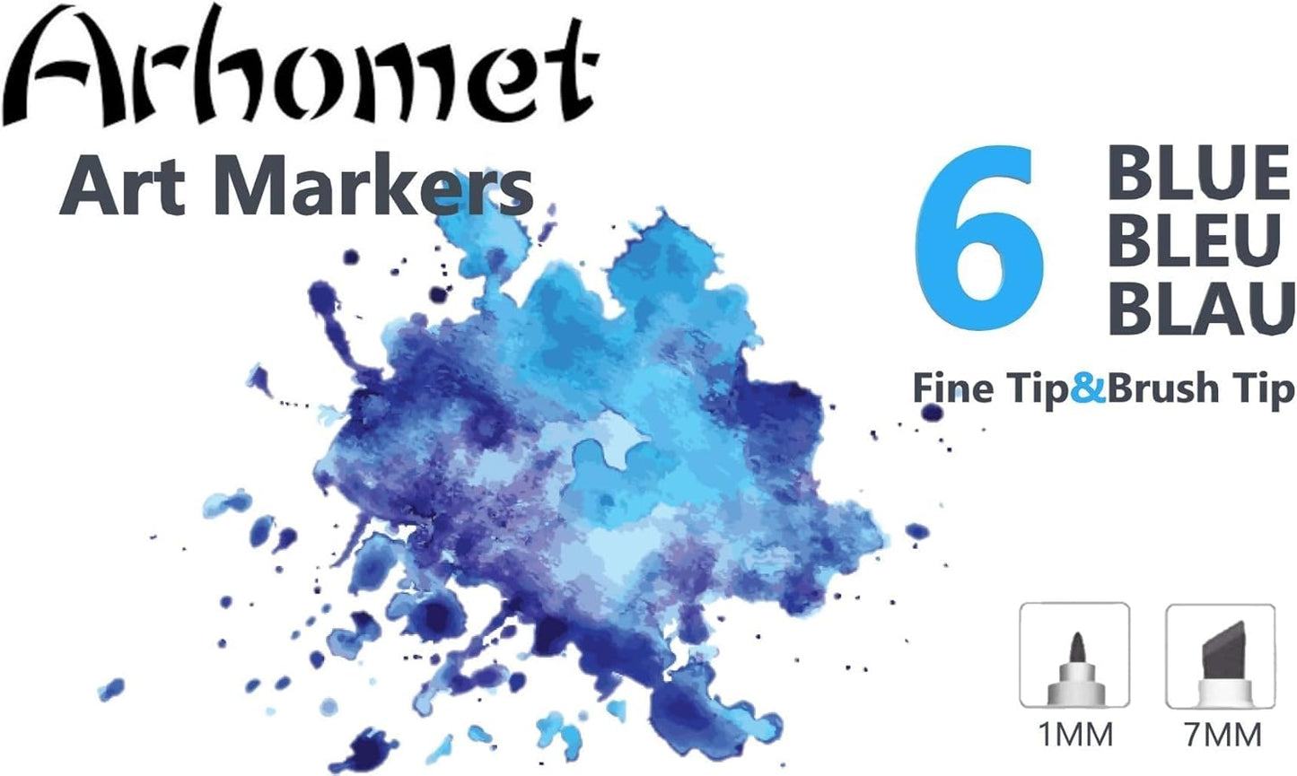 6Pcs Blue Colors Sea Ocean Sky Alcohol Markers Set, Dual Tips Art Markers Clear Blending Pen Drawing Sketched Double Tipped for Adults Kids Artists (Blue)