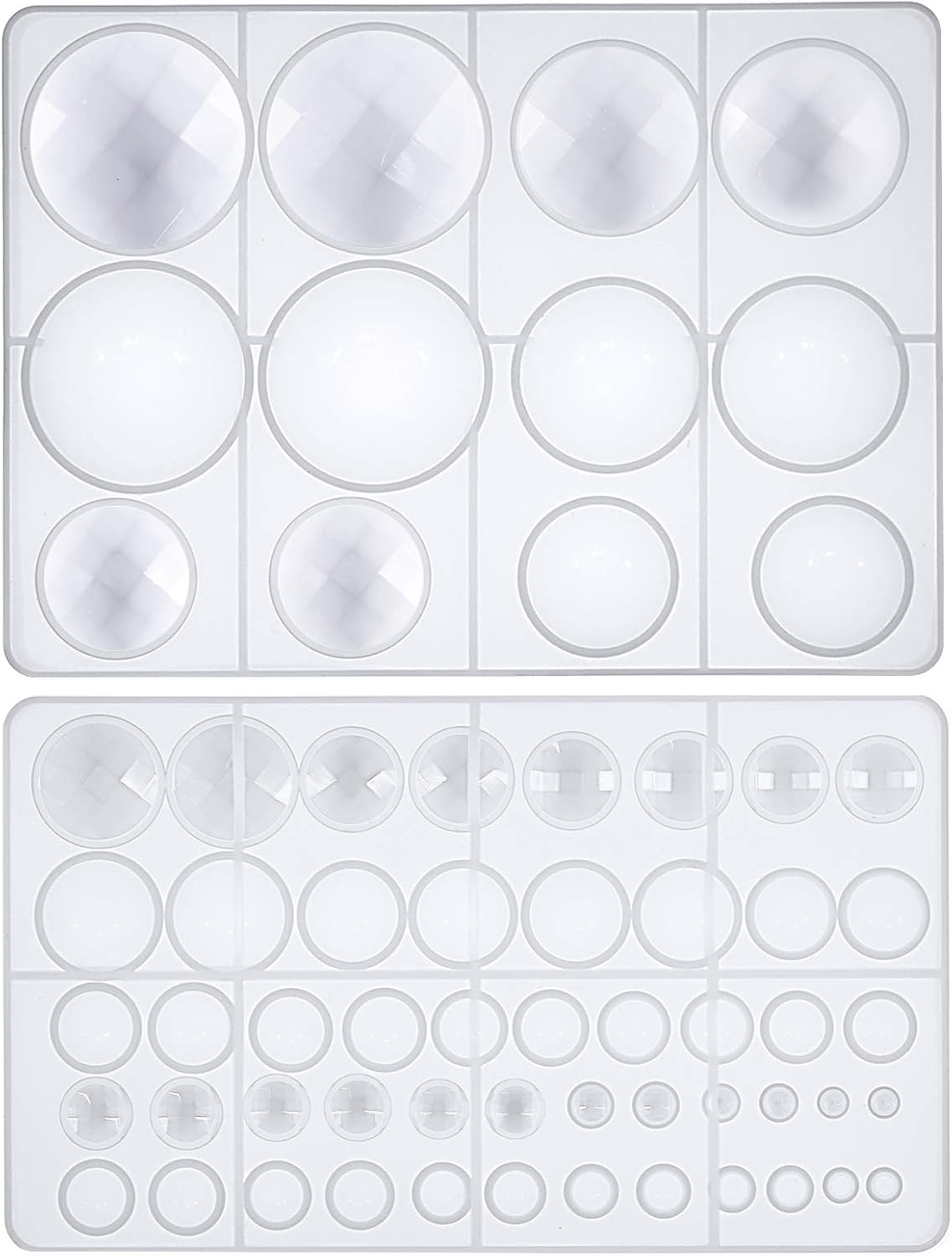 FUNSHOWCASE Cabochon Gem Resin Silicone Molds for Cake Decoration, Polymer Clay, UV Epoxy Urethane Polyresin Jewelry Making, Faceted and Round Domes Set of 2 Trays Circle Diameter 0.2-2.3inch
