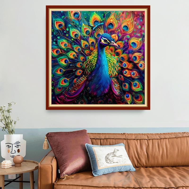 Joyhoor Stamped Cross Stitch Kits for Beginners, Needlepoint Kits for Adults, 11CT Counted Embroidery Kits-Colorful Peacock 18x18 inchs