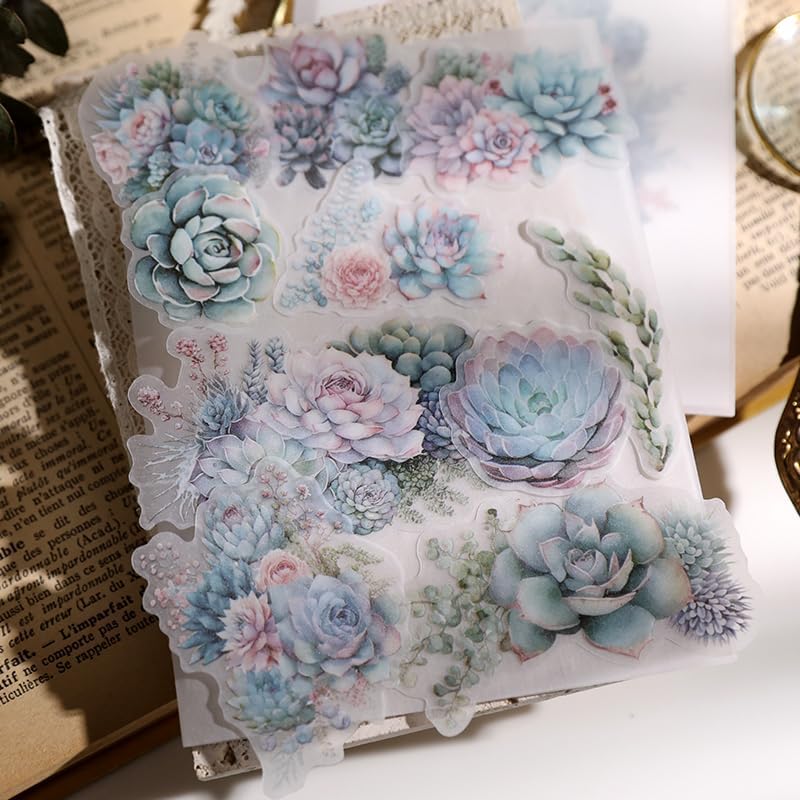 Vintage Vellum Stickers Floral Plants Elements Scrapbooking Supplies Flowers Botanic Natural Translucent Paper Self-Adhesive Junk-Journal Items (Succulent)