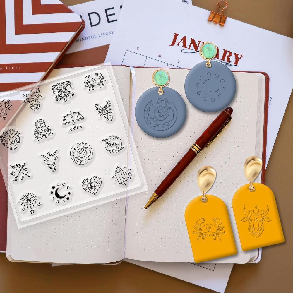 CHGCRAFT Polymer Clay Texture Sheets - 12 Zodiac Signs Silicone Stamp for Divination - Clear Mat Tools for Jewelry Earring Making, 5.5x5.5inch