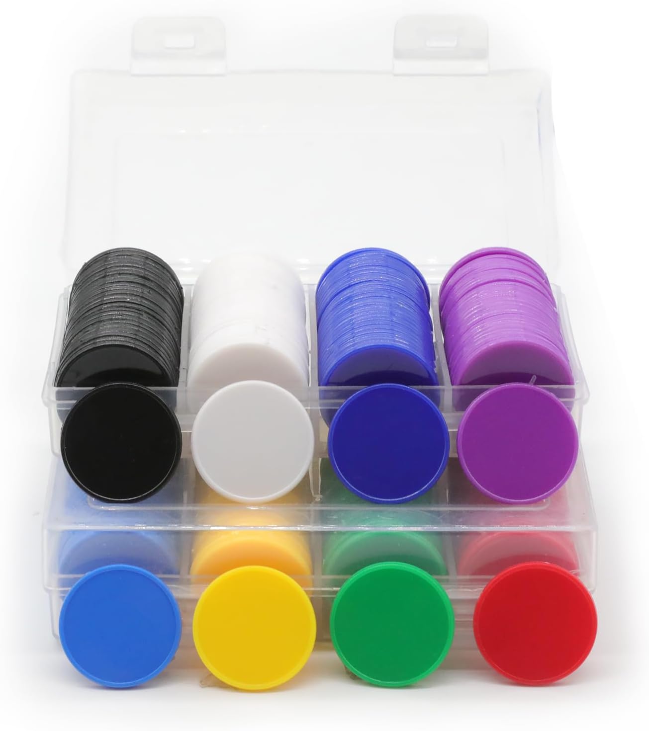 Set of 100 Opaque Plastic Learning Counters Mini Poker Chips Game Tokens with Storage Box (Black+White+Blue+Purple, 1.58 Inch)