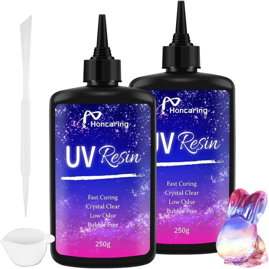 UV Resin 500g, Clear Beginner-Friendly Kit with Silicone Tools, Upgraded Formula & Crystal Clear for Jewlery Making, Craft, 250g*2 Resin UV Kit for Earring, Pendant, DIY