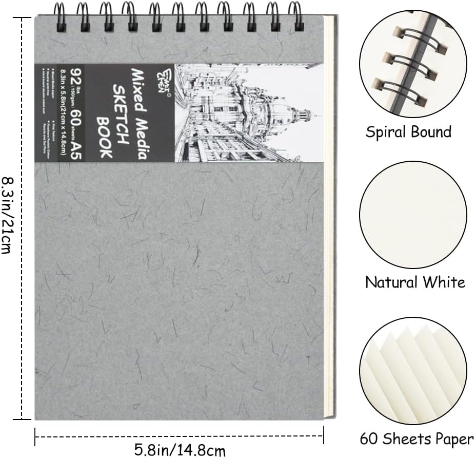 8.3x5.8 Sketch Book, Top Spiral Bound Sketch Pad, 60sheets 92lb/150gsm Nature White Paper, Acid-Free Mixed Media Paper for Painting, Dawing & Art Supplies. N-Grey