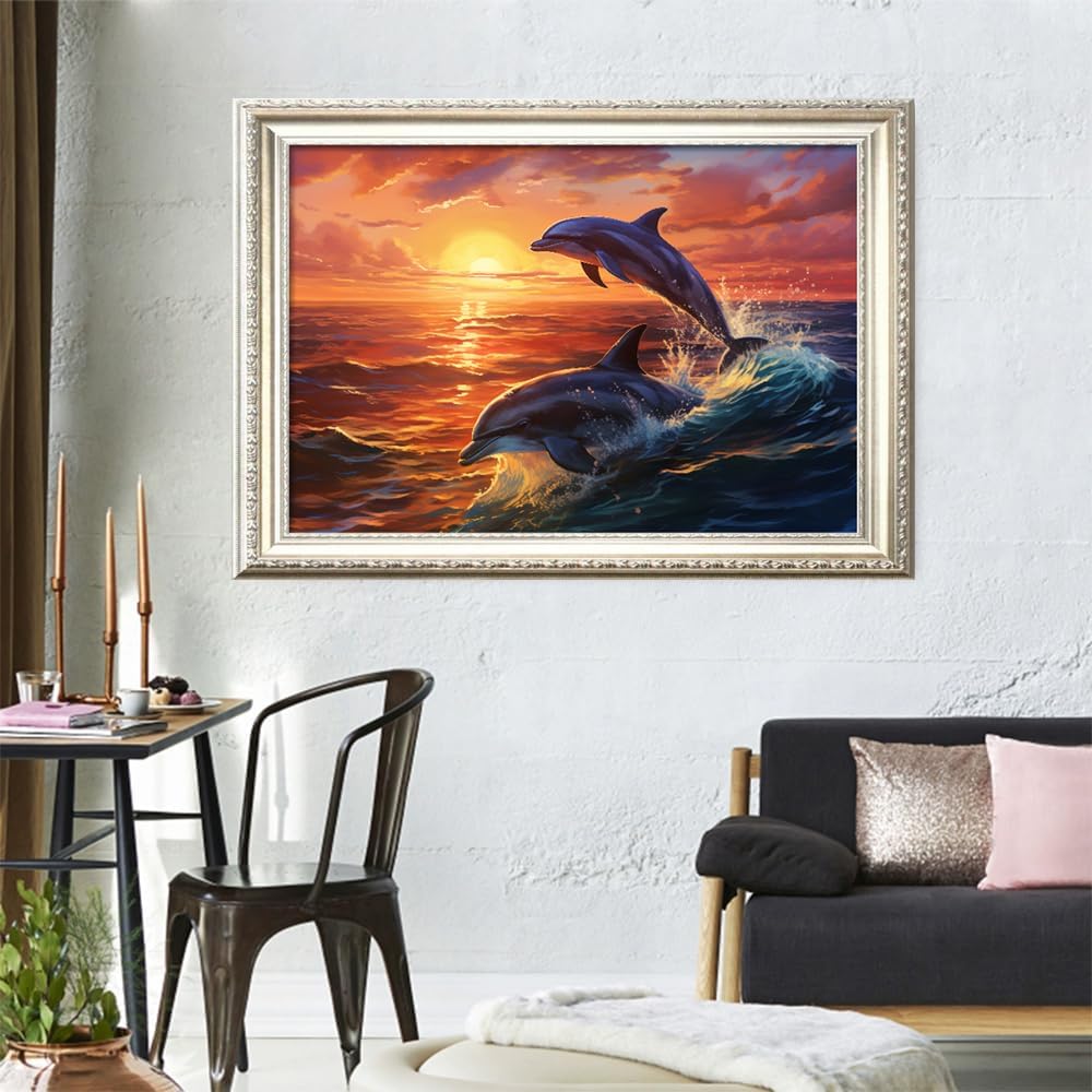 Leczany Cross Stitch Stamped Kit for Adults or Kids - Two Dolphins | DIY Embroidery Starter Patterns Craft Kit Needlepoint for Beginner | 11CT, 3 Strands | 18.9x12.6 inches