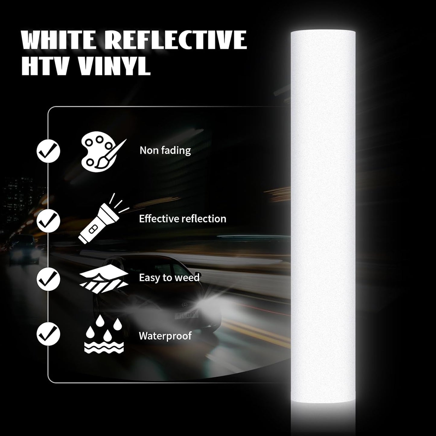 GIRAFVINYL White Reflective HTV Heat Transfer Vinyl - 12" x 7' Roll, Easy to Cut & Weed Iron on Vinyl for DIY Crafts & T-Shirts