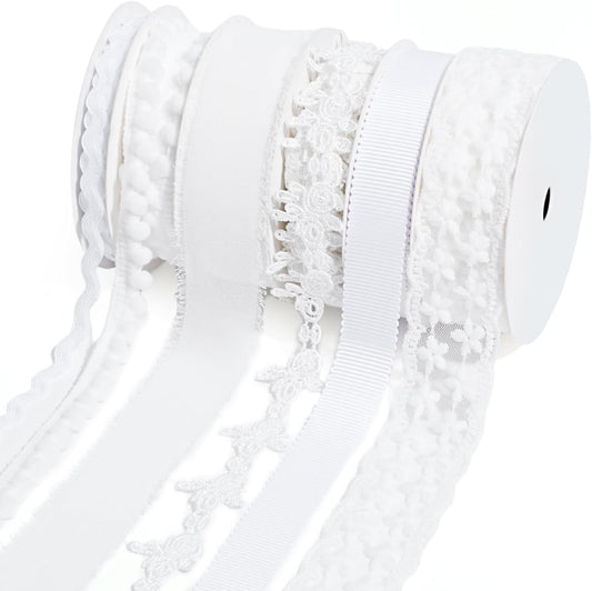 LaRibbons White Ribbons for Crafts 6 Rolls 27.5 Yards TTL Thin Ribbon for Sewing Wedding Gift Wrapping Home Decor