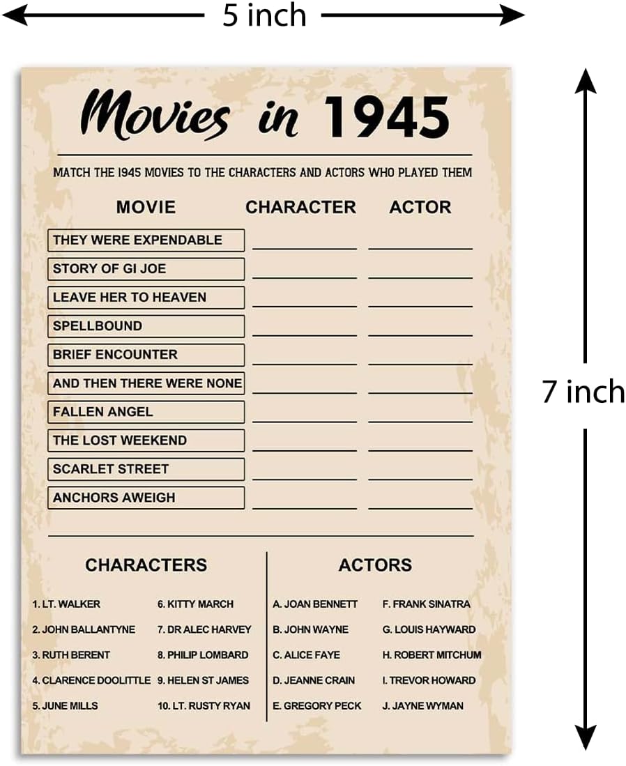 80th Birthday Party Games, Movies of 1945 Games, Birthday Party Supplies for Adults, Fun 1945s Party Game，Pack of 30 Cards
