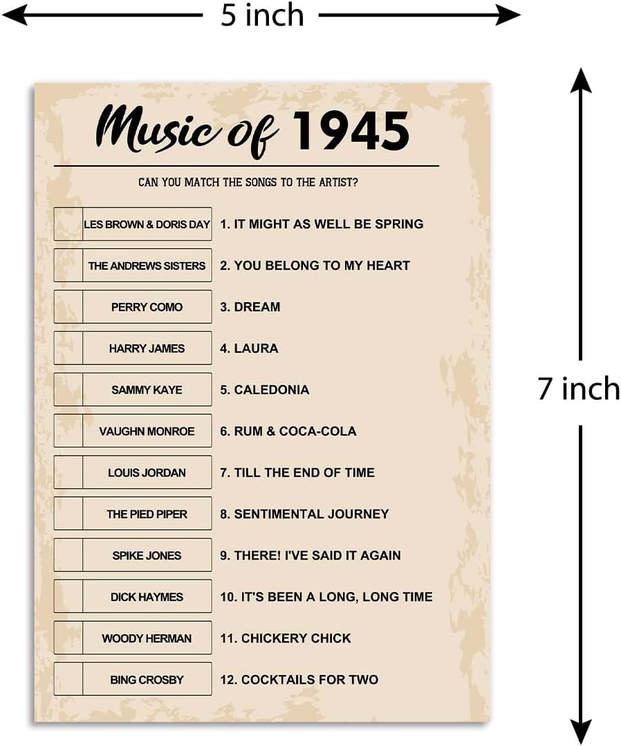 80th Birthday Party Games, Music of 1945 Games, Birthday Party Supplies for Adults, Fun 1945s Party Game，Pack of 30 Cards