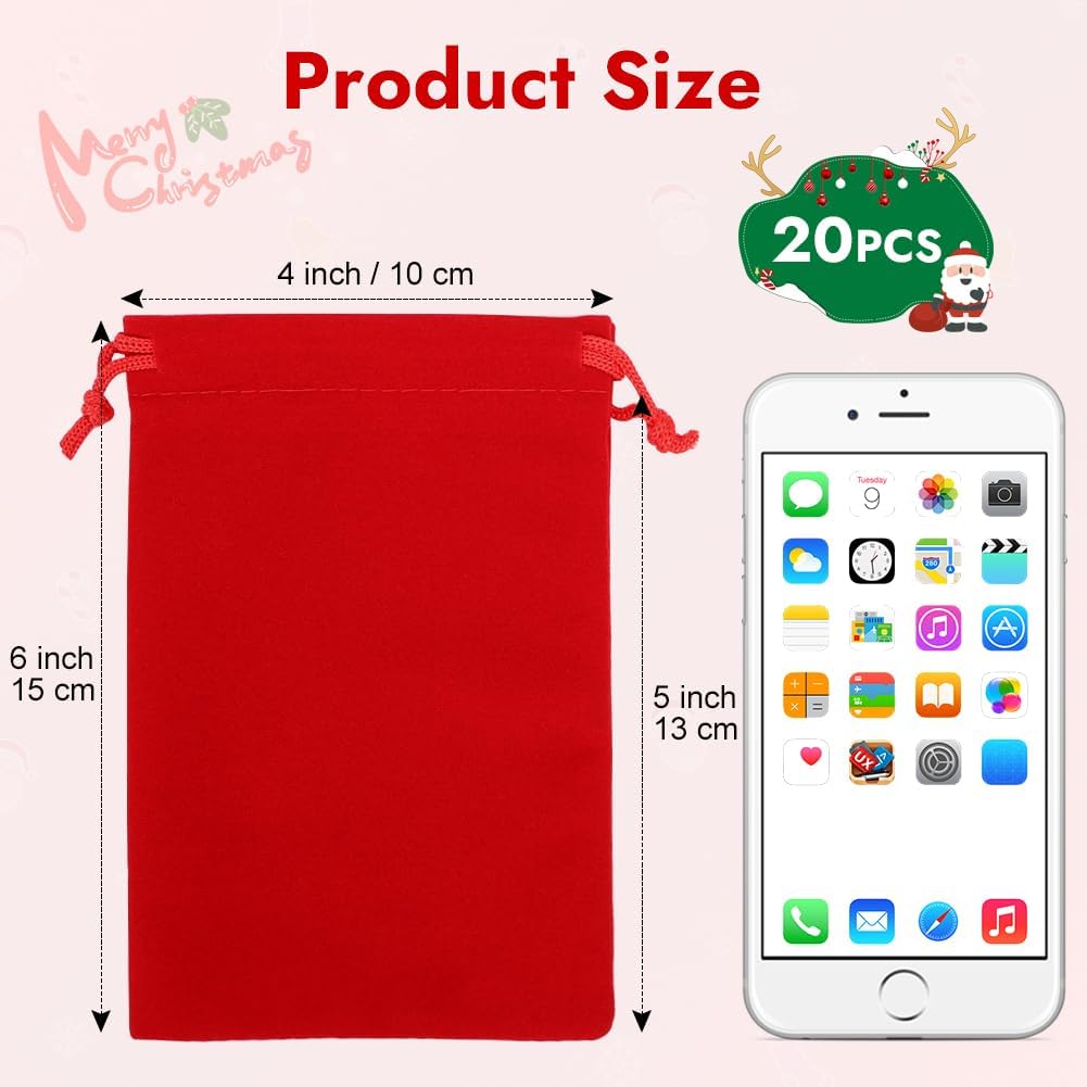 Shintop 20pcs Velvet Bags with Drawstrings, 4x6inch Red Gift Bags Jewelry Pouches for Dice Wedding Party Favor
