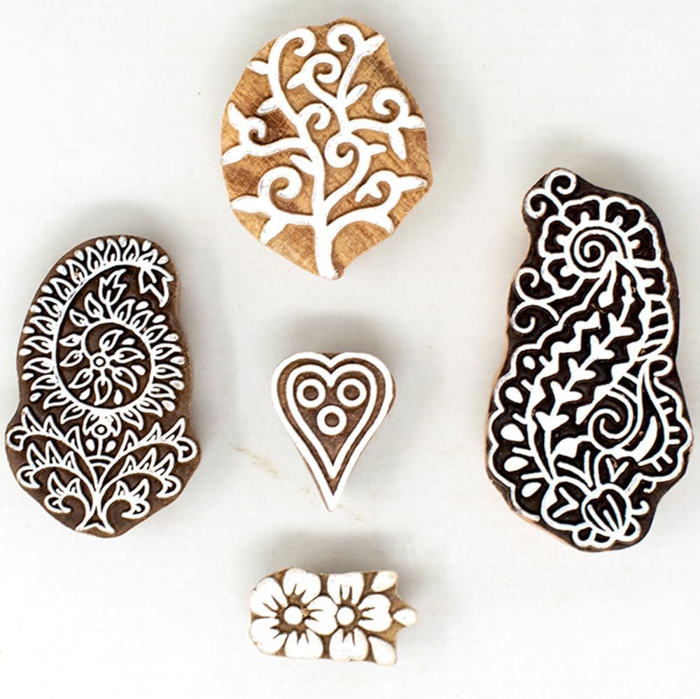 Floral Design Wooden Stamp Block for Printing - Handcarved Printing Stamps for Scrapbooking/Fabric Textile/Clay/Pottery Craft/Tattoo (Set of 5) Hashcart®