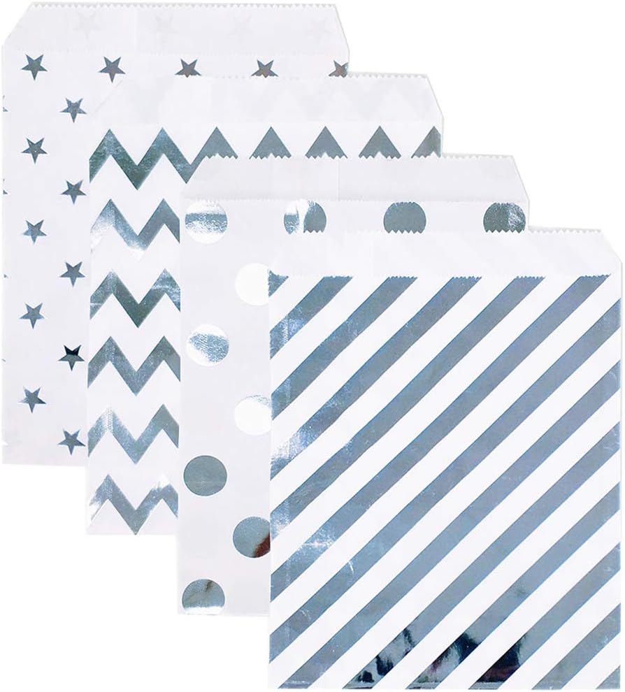 KEYYOOMY 100 Pcs Silver Candy Buffet Bags Small Cookie Bags Polka Dot Paper Treat Bag for Wedding Birthday Party (5 inch x 7 inch)