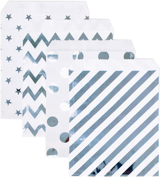 KEYYOOMY 100 Pcs Silver Candy Buffet Bags Small Cookie Bags Polka Dot Paper Treat Bag for Wedding Birthday Party (5 inch x 7 inch)
