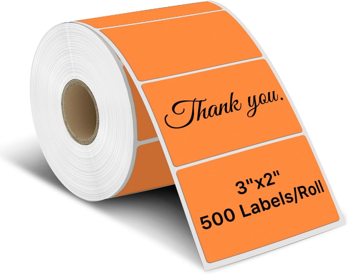iEager 3" x 2" Thermal Labels, Rectangle Thermal Printer Stickers, Self-Adhesive Durable Sticker with Perforation Line, 500 Labels/Roll, Orange