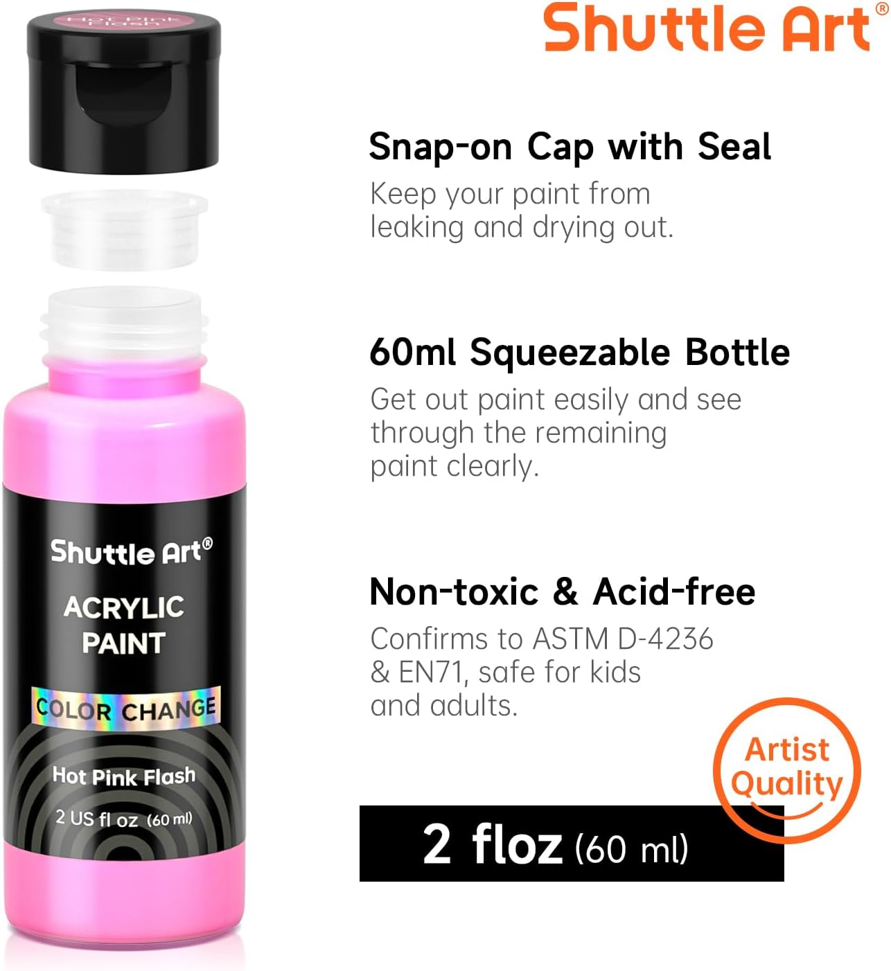 Shuttle Art Color Change Acrylic Paint, 20 Chameleon Colors Acrylic Paint, 60ml/2oz Bottles, Iridescent Colors for Artists, Beginners, Kids Painting & Crafting on Canvas, Rocks, Wood, Fabric, Ceramic