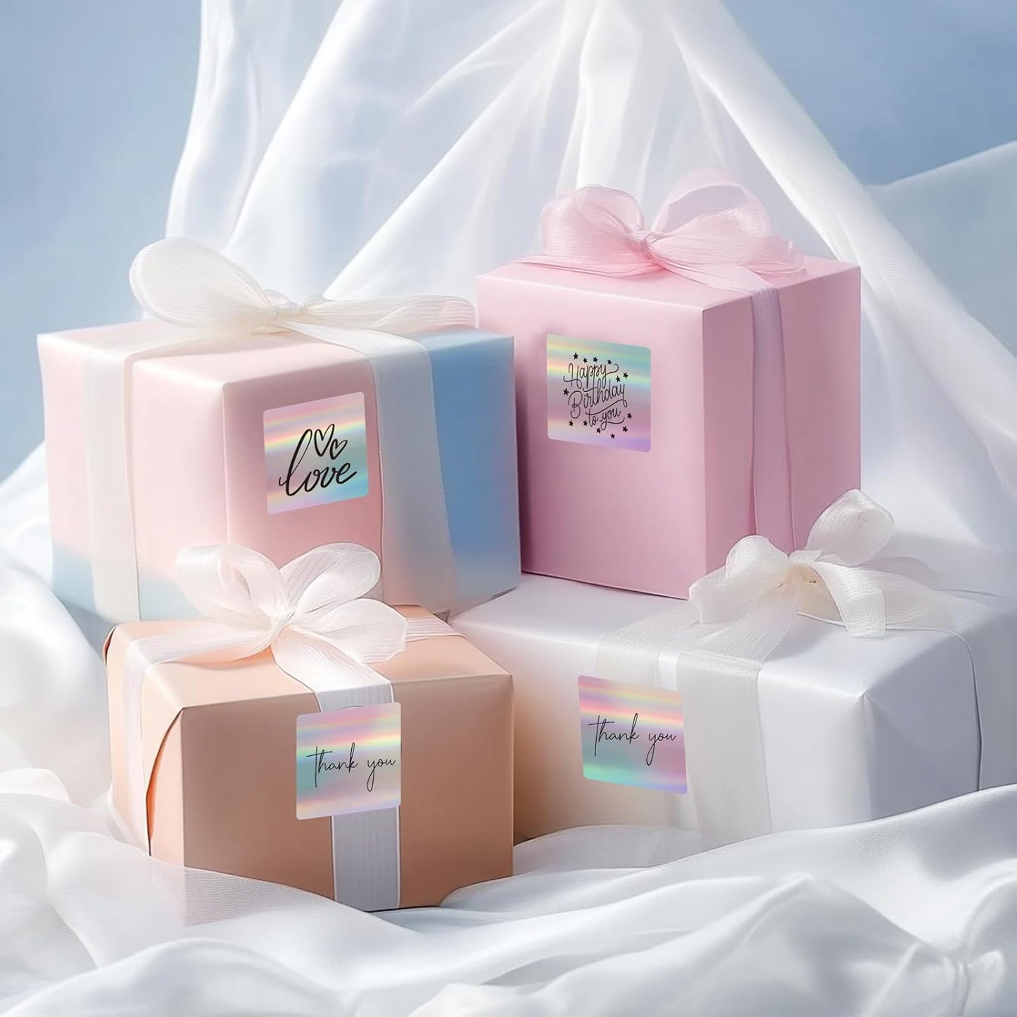 2" x 2" Square Thermal Label Stickers, Holographic Square Direct Thermal Sticker Labels, Perforation Line Design- Holographic Gradient Color