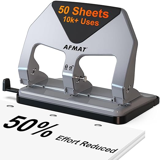 AFMAT 3 Hole Punch Heavy Duty, 50-Sheet Three Hole Punch, 50% Reduced Effort, 10,000+ Uses, 9/32" Holes, S.S. Paper Guide, 3 Hole Puncher for Binder, Metal Hole Puncher for Home Office School HP20