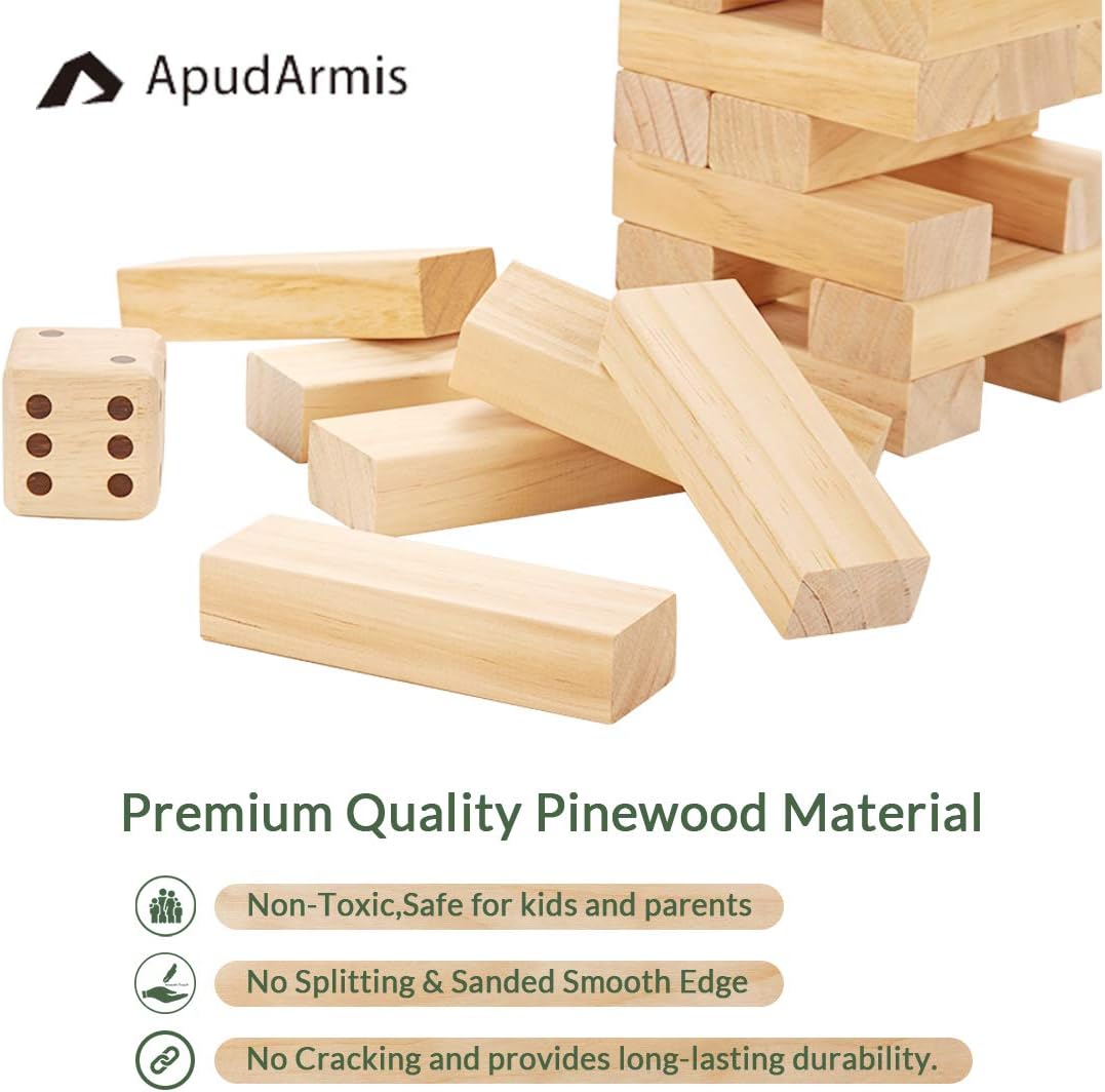 ApudArmis 60 PCS Tumble Tower, (Stack up to 5Ft) Pine Wooden Stacking Timber Game with 1 Dice Set - Classic Block Outdoor Game for Teens Adults Family