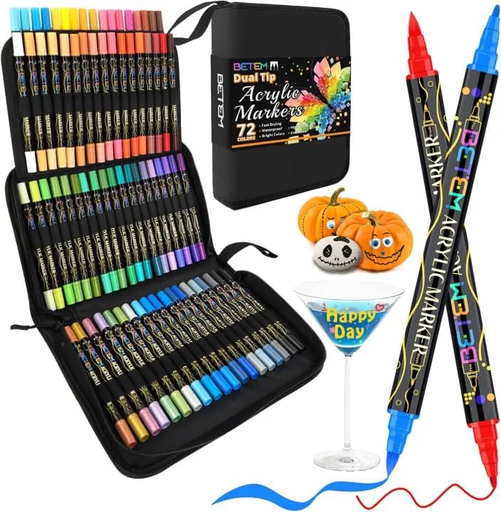 Betem Paint Markers Acrylic Paint Pens, Dual Tip 72 Colors Acrylic Markers with Brush Tip and Fine Point, Art Supplies for Wood, Canvas, Stone, Glass, Rock Painting Kit DIY Crafts Drawing Kit with Bag