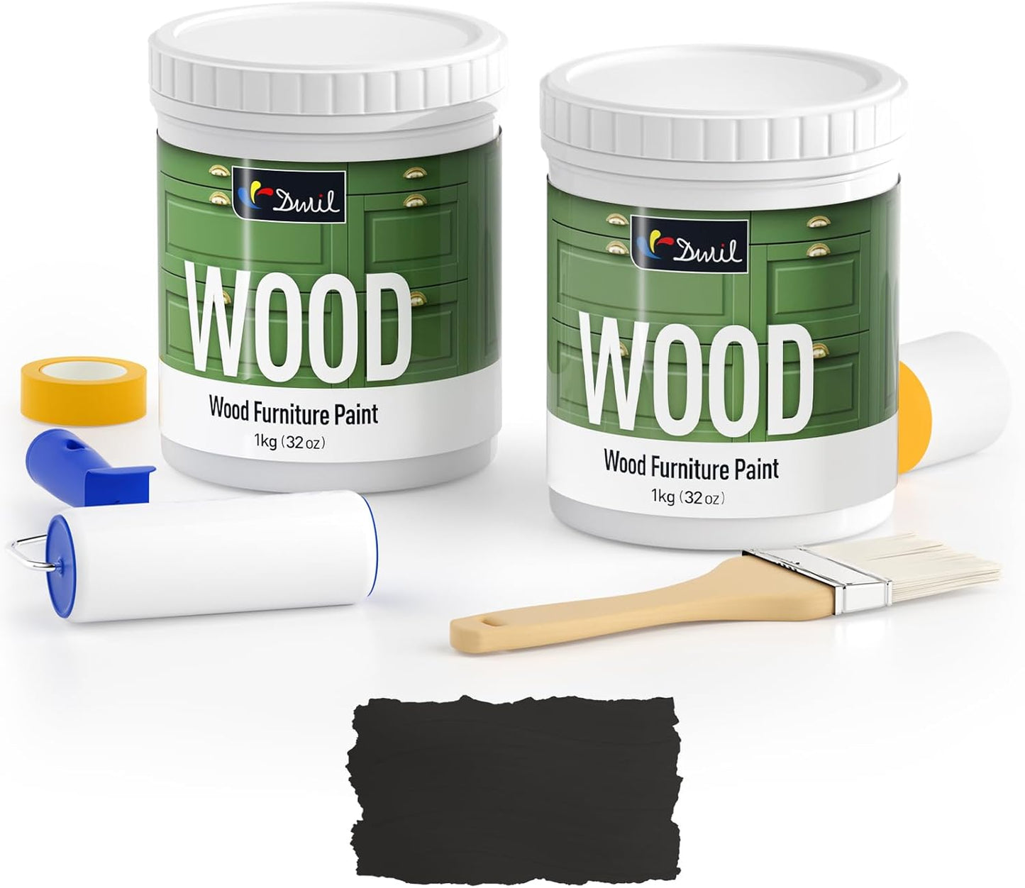 DWIL Matte Finish Furniture Paint - 64 Oz Wood Paint for Cabinets, Doors, Tables, and Dressers Refinishing - Water-Based, Non-Toxic & Odorless, Easy to Apply(Black)-With Tools