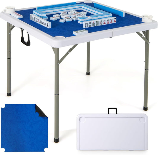 Giantex Folding Mahjong Table, 35" Square Card Table with Cup Holders, Removable Noise Reduction Mat, HDPE Tabletop, 4-Player Portable Domino Tables for Poker Blackjack Board Game (Dark Blue)