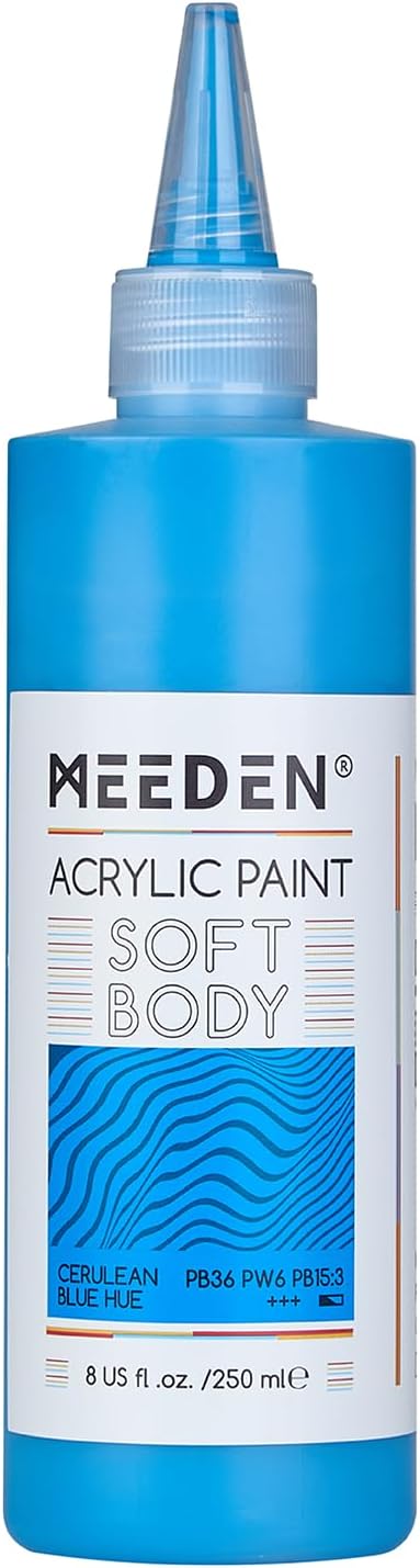 MEEDEN Soft Body Acrylic Paint: Cerulean Blue Hue 250ml/8.45oz Bulk Acrylic Colors in Ergonomic Bottle - Fluid Flow Art Paints for Artists Canvas Painting