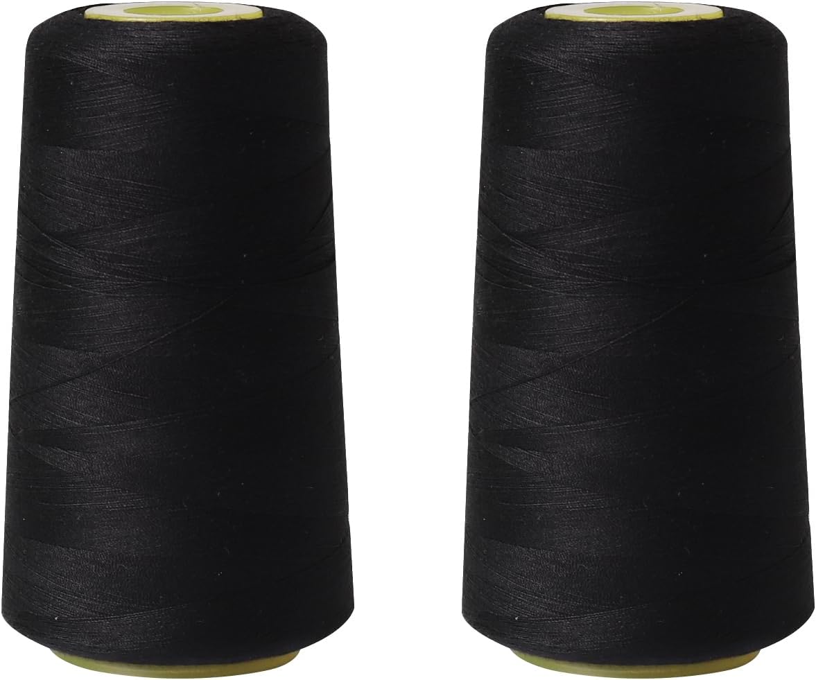 Sewing Thread Cone Set, 2 Pack Serger Thread, 3000 Yards Each, All Purpose Thread for Sewing, Quilting, Machines, Overlock, Merrow & Hand Embroidery (Black*2)