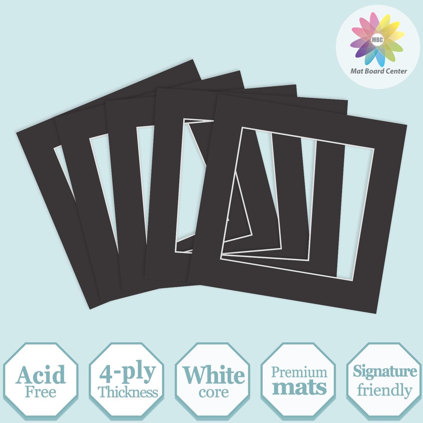 MBC Mat Board Center, 5 Pack 8x8 for 6x6 Black Picture Mats Frame Mattes, Bevel Cut, Acid Free, 4-ply Thickness