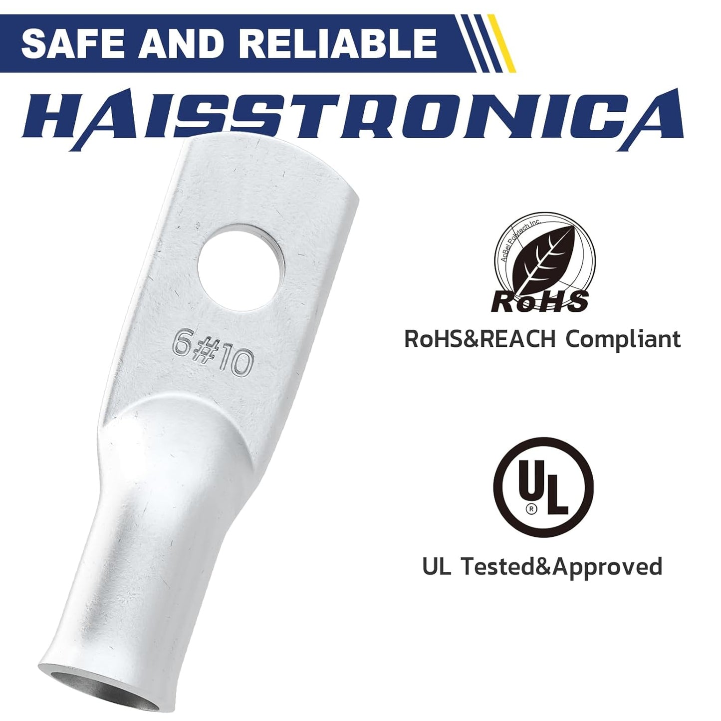 haisstronica 10pcs 6 AWG - #10 Tinned Copper Battery Lugs, Heavy Duty Copper Wire Lugs with 10pcs 3:1 Adhesive Heat Shrink Tubing, 6 Gauge Wire Lugs, Tinned Copper Battery Cable Ends