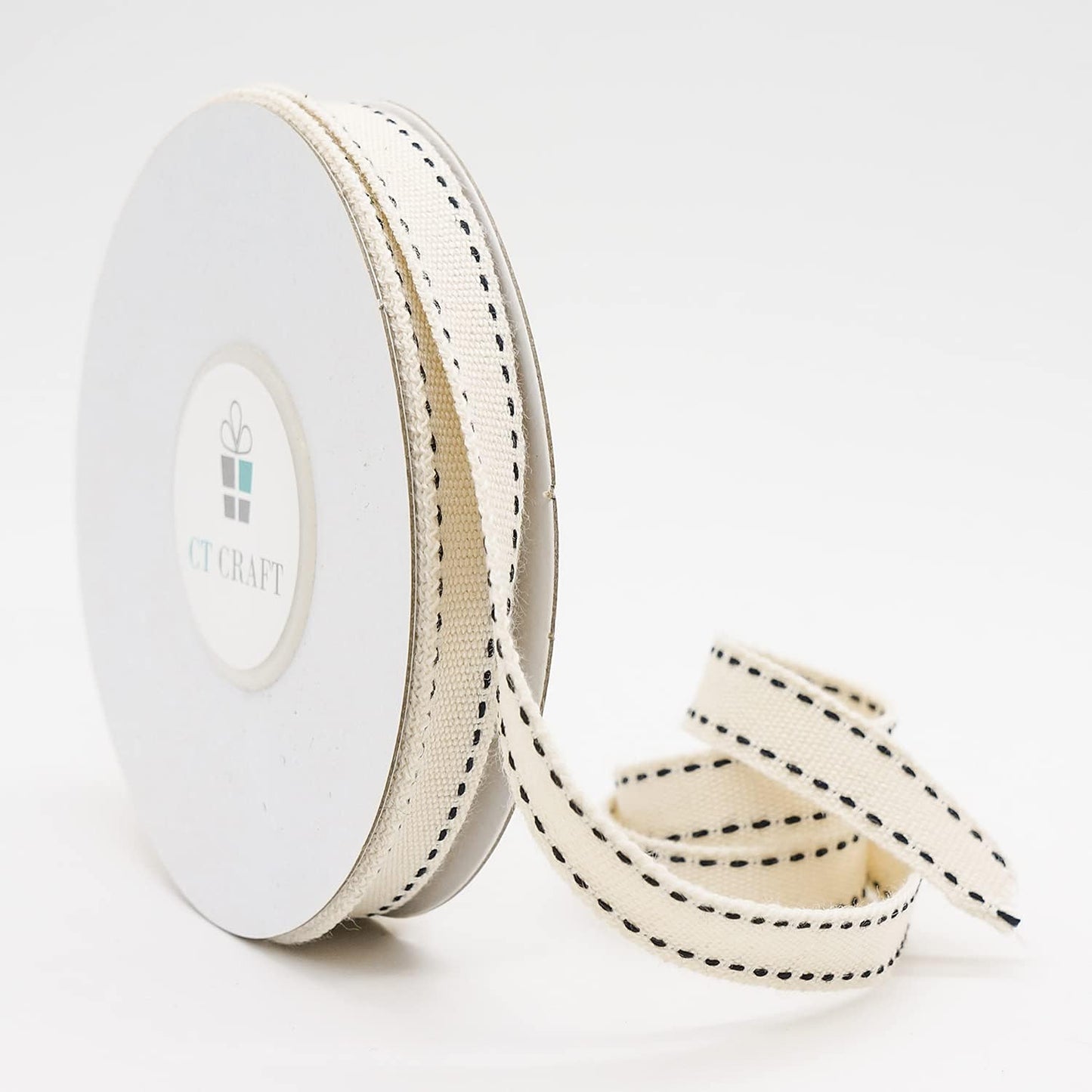 CT CRAFT LLC Ivory Cotton Black Stitched Ribbon 3/8" x 10 Yards for Home Décor Gift Present Wrapping DIY Crafts Birthday Wedding Bouquet Christmas
