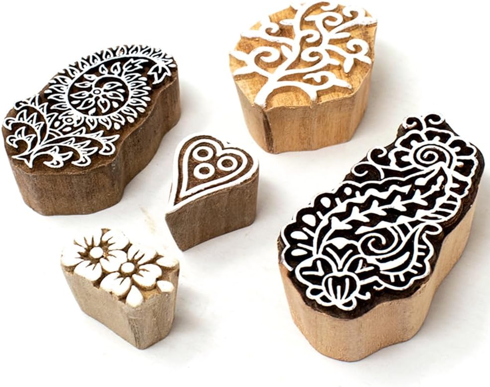 Floral Design Wooden Stamp Block for Printing - Handcarved Printing Stamps for Scrapbooking/Fabric Textile/Clay/Pottery Craft/Tattoo (Set of 5) Hashcart®