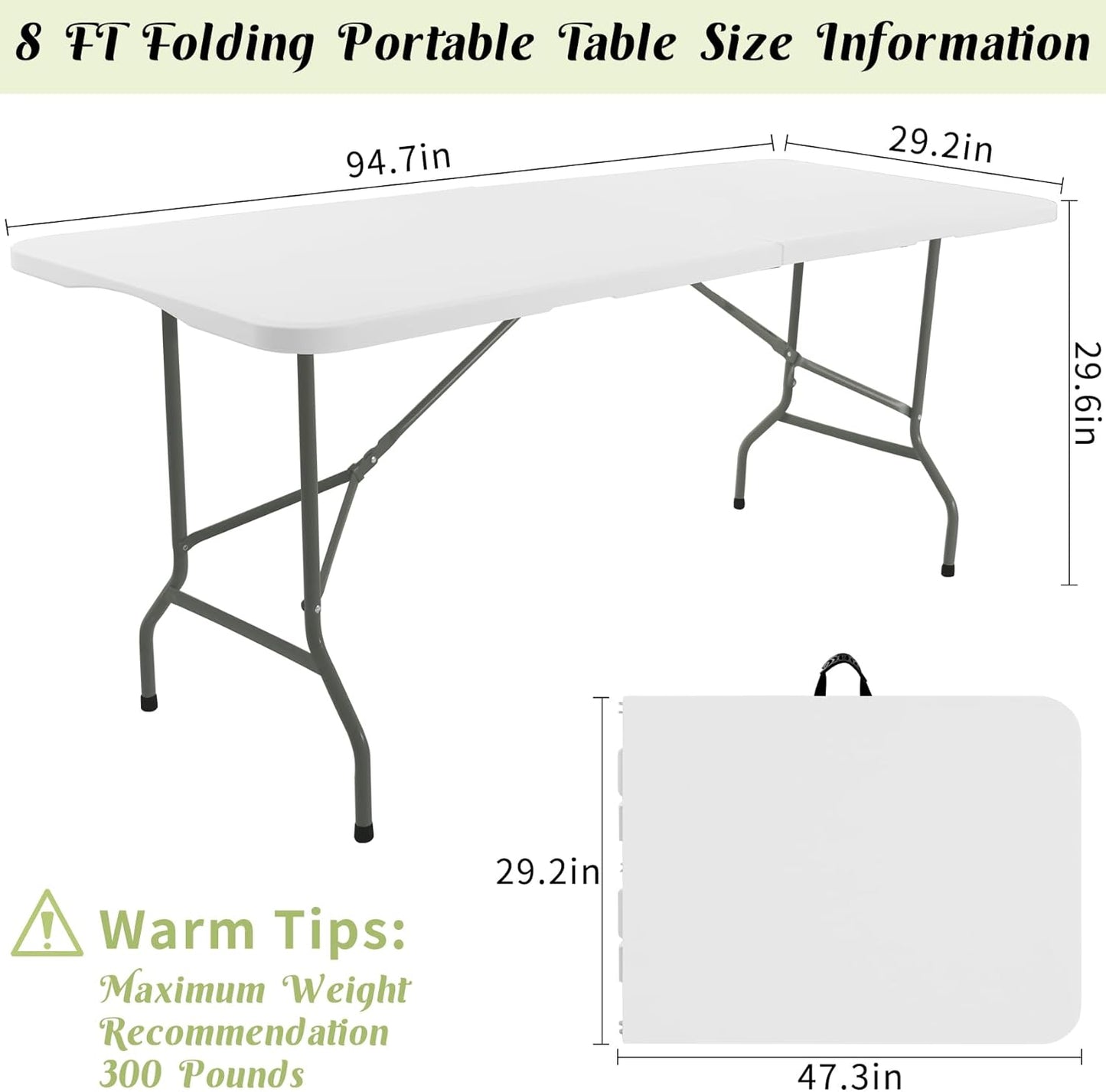 8 FT Folding Tables White Foldable Table, Fold-in-Half with Carrying Handle Portable Plastic Rectangular Table for Party, Dining, Wedding, Camping, Picnic, Indoor Outdoor Events