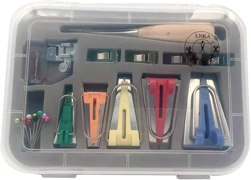 Bias Tape Maker Set,LNKA 5 Sizes 1/4" 3/8" 1/2" 3/4" 1" Bias Maker Kits with Instruction, Binding Foot,Awl,Clips, Bead Needles- for quiltmaking and Fabric fold bias Strips