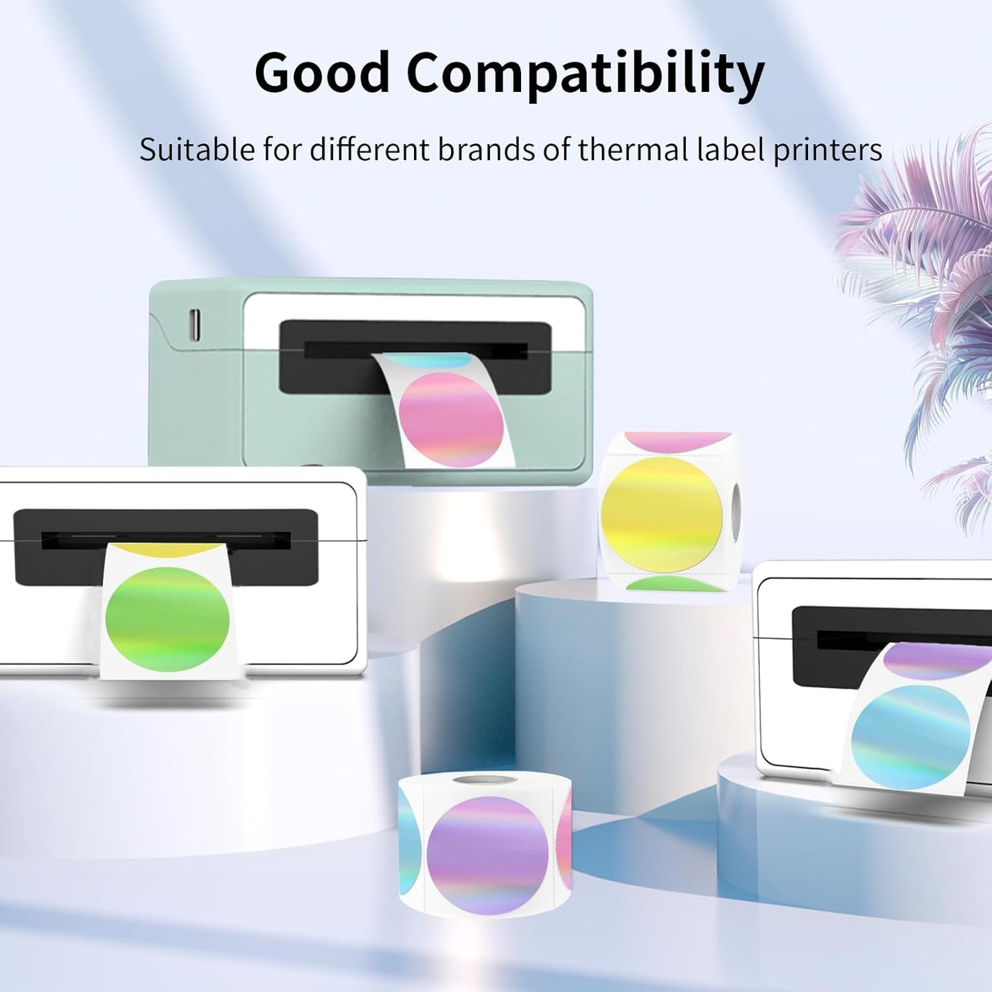 Holographic Thermal Labels Stickers 1.5 inch, Glitter Round Direct Thermal Stickers Label, Perforation Line Design (350 Sheets, 5 Colors)