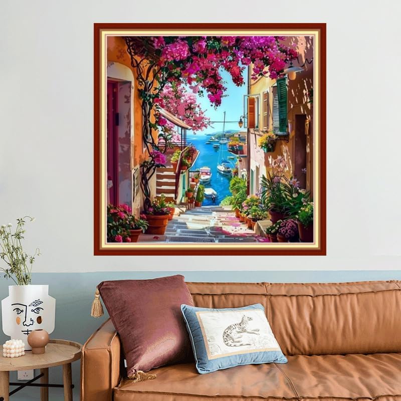 Joyhoor Stamped Cross Stitch Kits for Beginners, Needlepoint Kits for Adults, 11CT Counted Embroidery Kits-Seaside Flower Street 18x18 inchs