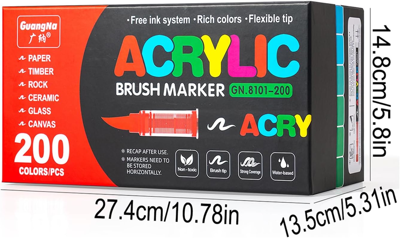 Acrylic Paint Markers Pens, 200 Vivid Colors Acrylic Markers Set,Direct Liquid Type, Stackable Color, Odorless Soft Head，Markers for School，Tooli Art ，Fabric & Creative Crafts (200)