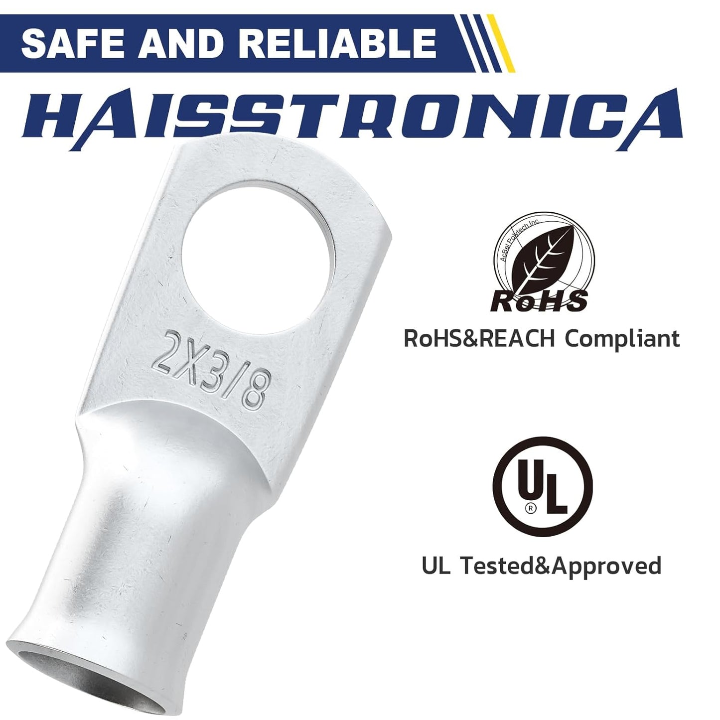 haisstronica 10pcs 2 AWG - 3/8" (M10) Tinned Copper Battery Lugs, Heavy Duty Copper Wire Lugs with 10pcs 3:1 Adhesive Heat Shrink Tubing, 2 Gauge Wire Lugs, Tinned Copper Battery Cable Ends