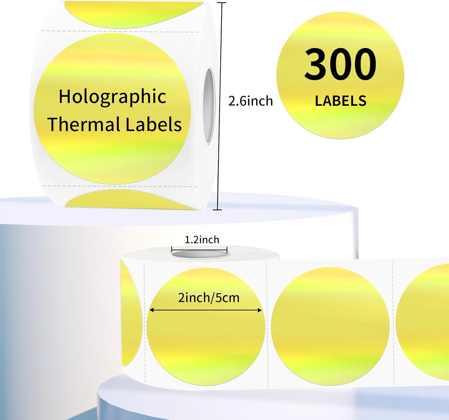 2" Circle Holographic Thermal Label Stickers, Round Printable Rainbow Glitter Thermal Printer Sticker Labels for Gift Wrapping, Self-Adhesive Name Price Tag DIY Custom Logo Design- Yellow