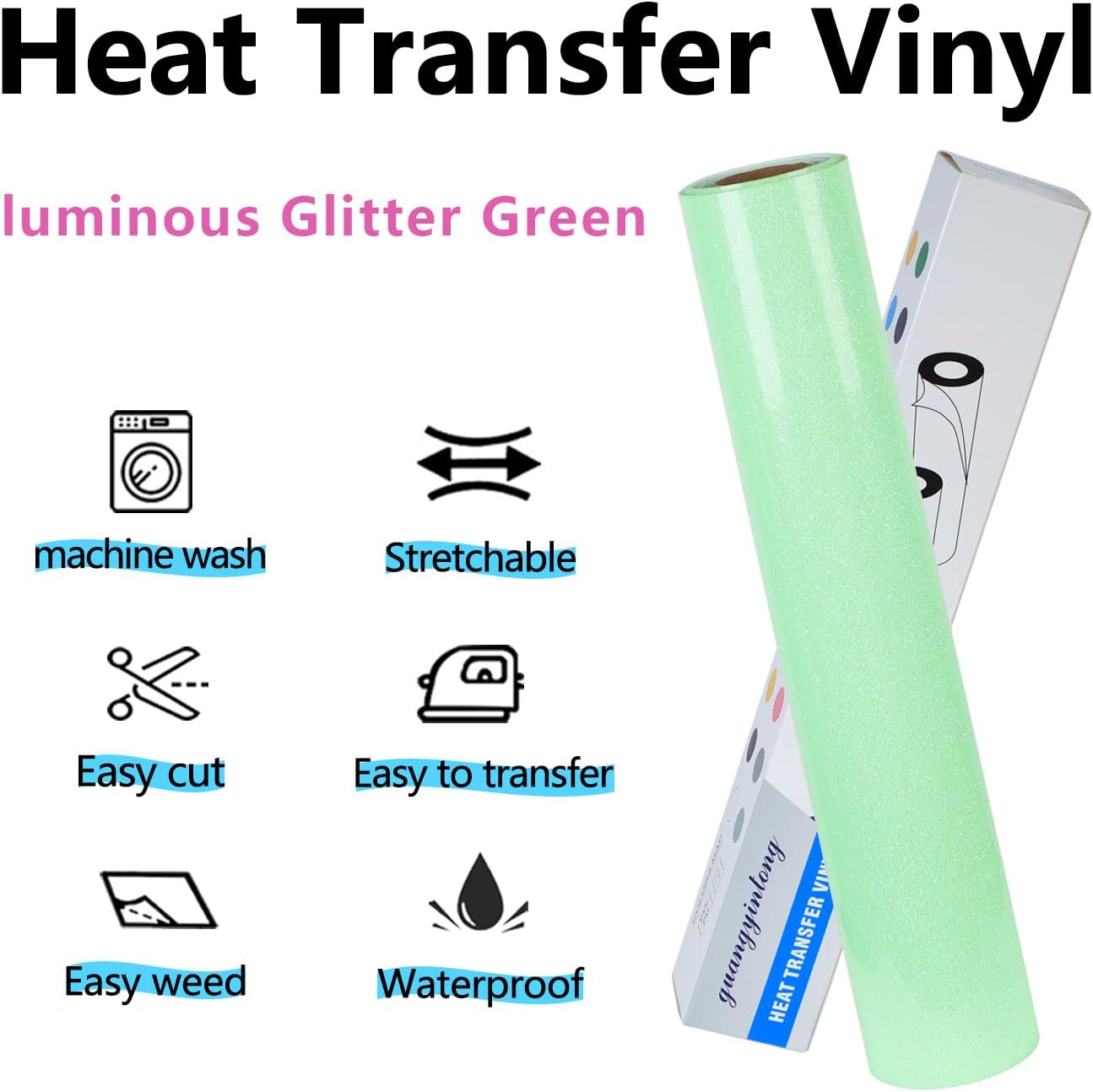 guangyintong Glow Glitter Light Green Heat Transfer Vinyl HTV Rolls, 12" x 8ft Iron on Vinyl for T-Shirts, Glitter HTV Vinyl for All Cutter Machines Easy to Cut & Weed for DIY Design
