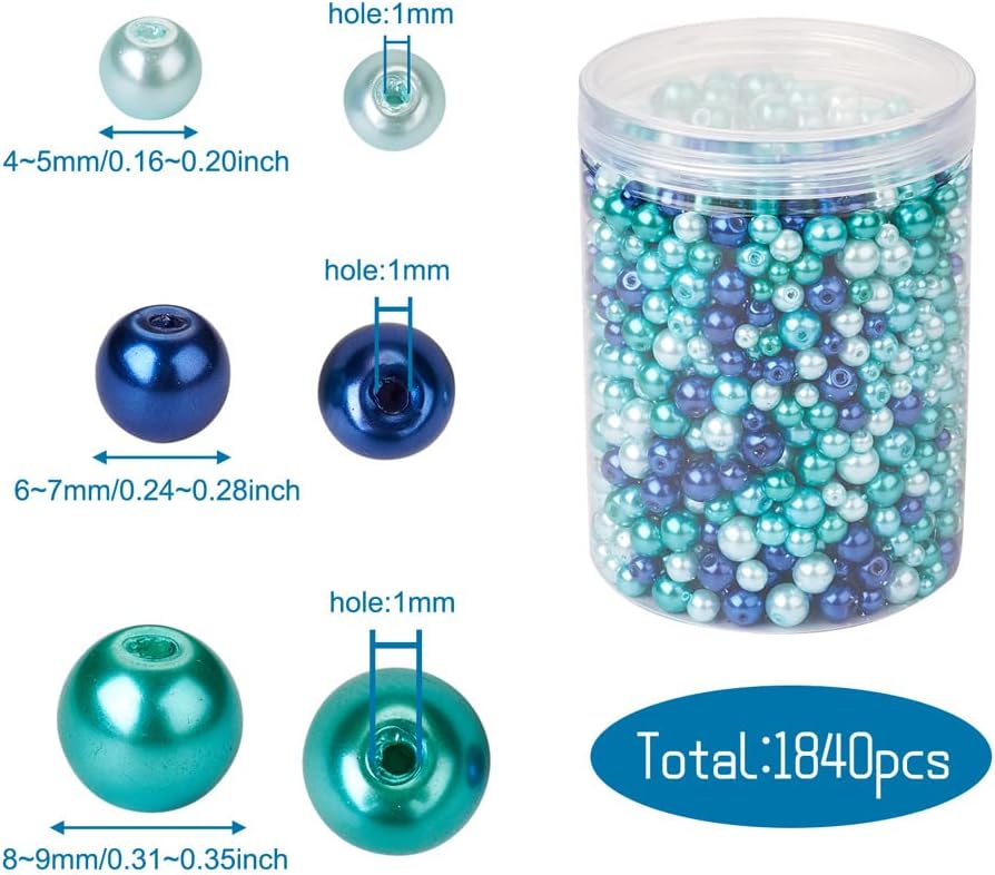 1840Pcs 4/6/8mm Glass Pearl Beads Pearlized Beads Multi Colors Round Spacer Beads for DIY Craft Jewelry Making Hole: 1mm, Mixed Blue